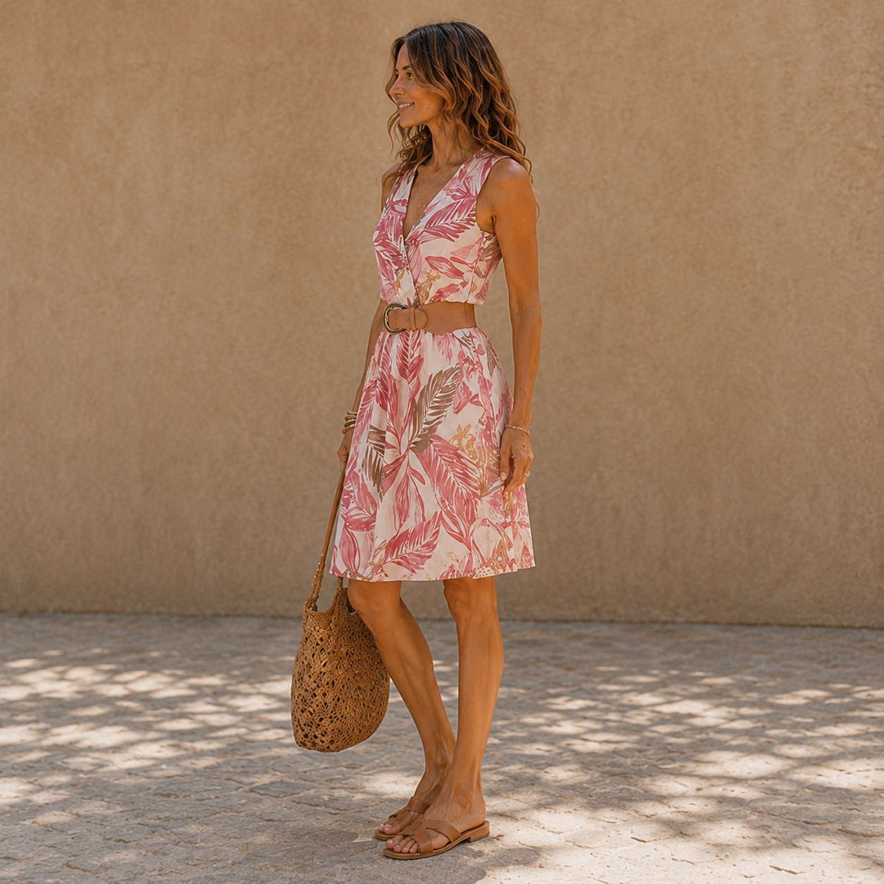 Pink Floral Belted Dress