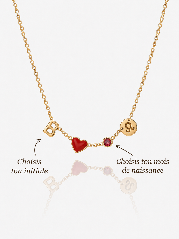 Collier cœur avec initiale personnalisé plaqué or 18K — choisis ton initiale et ta pierre de naissance